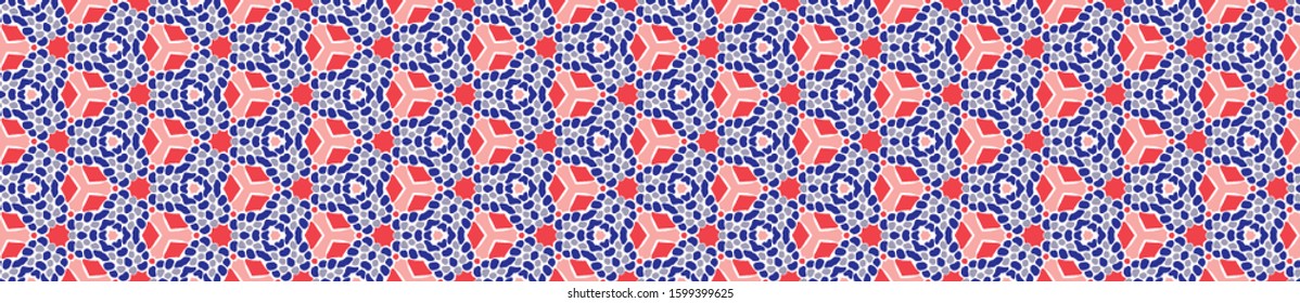 Summer vector mosaic classic white blue red on white background. Vintage retro mariner style seamless border pattern. Geometric flourish motif. Decorative stylized ribbon trim edge.