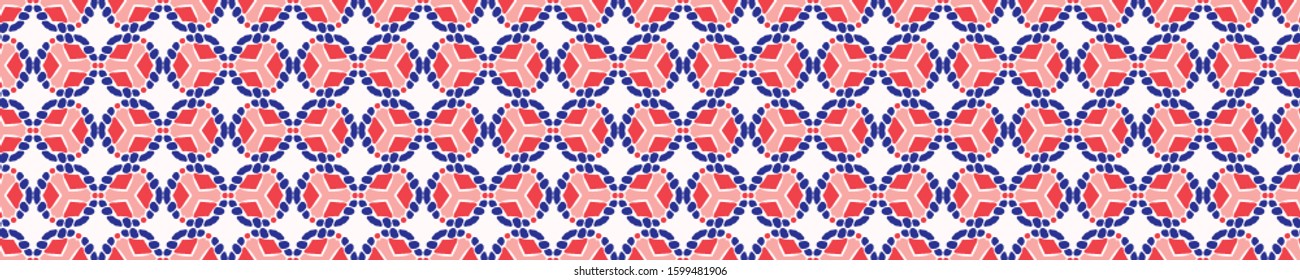 Summer vector mosaic classic white blue red on white background. Vintage retro mariner style seamless border pattern. Geometric flourish motif. Decorative stylized ribbon trim edge.