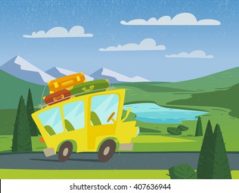 Summer vector nature landscape background with vintage bus. Travel poster. Mountain view. 
