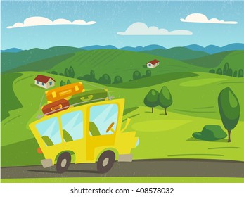 Summer vector nature landscape background with vintage bus. Travel poster. 