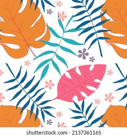 Summer vector pattern, background with tropical leaves. Stylish sim forest in turquoise, orange and pink colors. Suitable for the design of websites, posters, printing, postcards. EPS10 format.