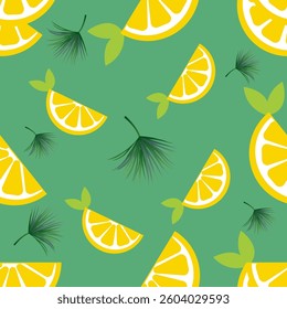 summer vector pattern with bright lemons on green background and tropical leaves