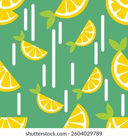 summer vector pattern with bright lemons on green background and tropical leaves