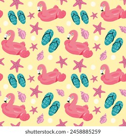 Summer vector pattern with flamingos and slippers