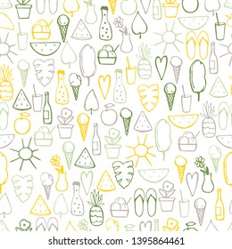Summer  vector pattern with ice cream, watermelon and sun. Sketch illustration