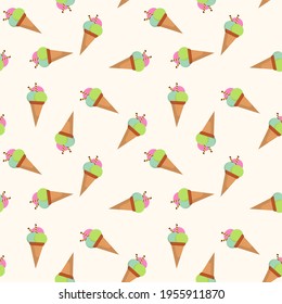 summer vector pattern with ice cream in a waffle cup on a white background