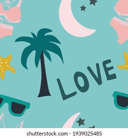 Summer vector pattern. Moon with stars, palm tree, glasses and swimsuit. Summer mood.