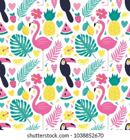 Summer vector pattern with palm leaves, tropical flowers, fruits, flamingos, toucans. Bright summer background with tropical elements.
