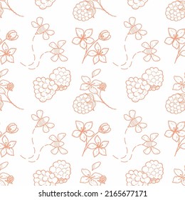 summer vector pattern. pink outline raspberry sprig with berry and flower, bees, petals. seamless pattern on a white background. pattern for textile, fabric, print.