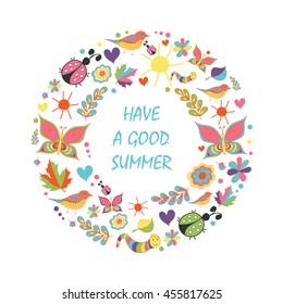 Summer vector pattern in the shape of round wreath with butterfly, flower, leaf, circle, sun, ladybird, heart, bird, worm, clover