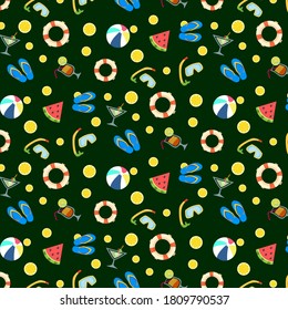 Summer vector pattern with slipper, lemon, orange, drinks, float, watermelon, diving mask, and volley ball. Isolated on green background. Summer wrapping paper. Cute wrapping paper.