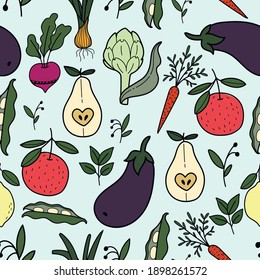 summer vector pattern with vegetables and fruit. Red apple, ripe pear, orange carrot, purple eggplant, artichoke, radish, peas and onion. Fresh vegetarian pattern with herbs