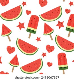 A summer vector pattern of watermelon slices and ice cream.