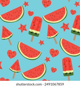 A summer vector pattern of watermelon slices and ice cream.