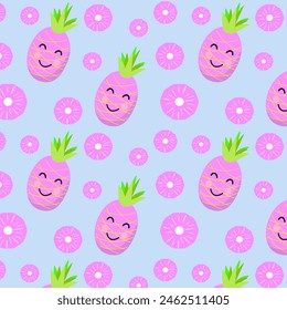 Summer vector pineapple with fruits and cheerful seamless pattern.