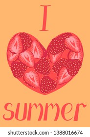 Summer vector postcard with a heart of strawberries. I love summer.