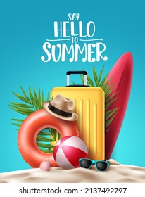 Sommervektor-Poster-Hintergrund-Design. Hallo Sommer Grußtext mit Strandelementen wie Gepäck, Schwimmer und Surfbrett für Reisen Außendekoration. Vektorgrafik.
