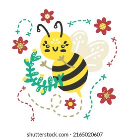 Afiche vectorial de verano con adorable abeja sonriente, flores y ramas. Juego de calcomanías de kawaii con vibraciones positivas de verano para imprimir, textil, tipografía, decoración, tarjetas, regalos, niños, bebés, interior