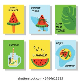 Summer vector poster design. Summer collection of greeting texts with watermelon, cocktail and palm leaf for colorful tropical season holiday decoration. Vector illustration, eps 10