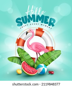 Summer vector poster design. Hello summer text with tropical elements of flamingo, lifebuoy and banana leaves for enjoy holiday vacation decoration. Vector illustration.
