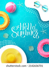 Summer vector poster design. Hello summer greeting text in sea water pattern with floaters, hat and beach ball elements for relax tropical season. Vector illustration.
