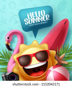 Summer vector poster design. Hello summer greeting text in speech bubble with sun emoji character in doodle pattern background. Vector illustration. 
