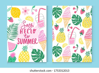 Summer vector poster design. Summer pineapple, watermelon, cactus, tropical leaves isolated on white