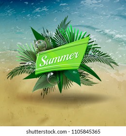 Summer vector poster with green typography composition on  beach background. Leafs and bubbles on summer light backdrop