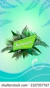 Summer vector poster with green typography composition on  blur turquoise background. Leafs and bubbles on summer light backdrop