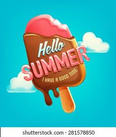 Summer Vector Poster, Label With Ice Cream In Sky