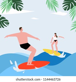 Summer vector poster, People surfing at sea