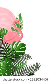 Summer vector poster with pink flamingo. Template for greeting cards, presentations, flyers. Vector illustration