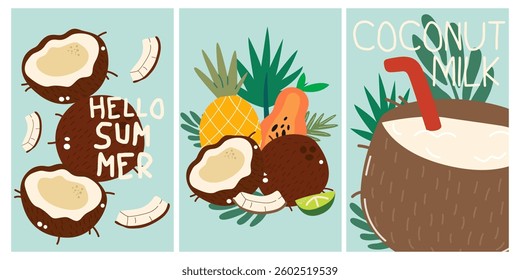 Summer vector poster set design. Summer greeting text collection with tropical fruits, drinks, beach active recreation, sea corals. Tropical season holiday decoration. Vector illustration