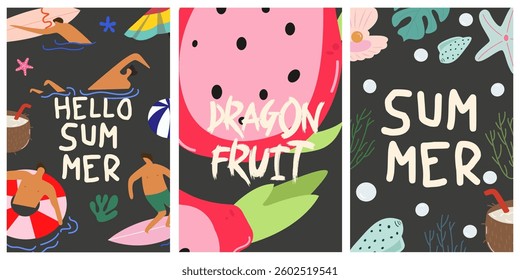 Summer vector poster set design. Summer greeting text collection with tropical fruits, drinks, beach active recreation, sea corals. Tropical season holiday decoration. Vector illustration