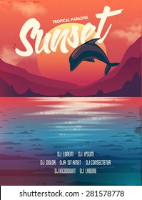 Summer vector poster sunset with dolphin