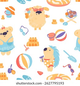 Summer vector print. Adorable animals relaxing on the beach. Hedgehog, bear, sheep seamless pattern. Cute hand drawn illustration.
