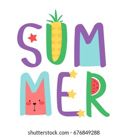 Summer vector print. Letters with cute design including pineapple, watermelon, cat face.