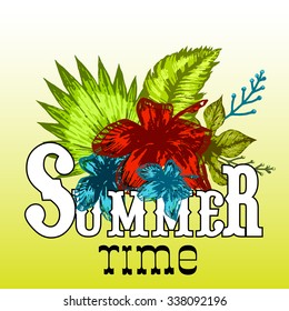 Summer vector print tropical flowers on green background