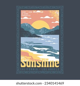 impresiones vectoriales de verano para el sol, surf, sol, arena, paraíso de las vibraciones, playa larga, sorteo de las vibraciones de verano, slogan de playa de verano con ilustración de la playa, Hawaii, tipografía de surf de Aloha para la impresión de camisetas 