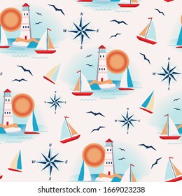 Summer vector repeat pattern with a scene of sunset, lighthouse and sailboats coupled with compasses and seagull silhouettes. Bigger version.