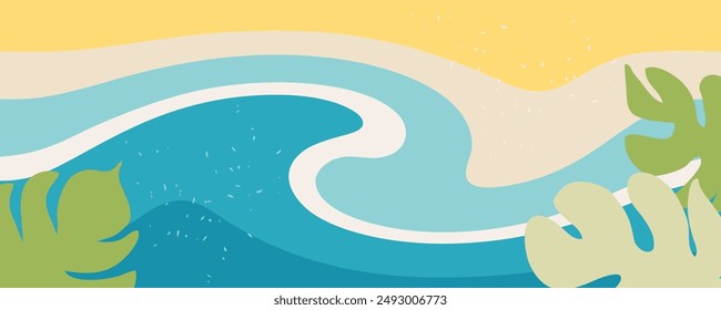 Summer vector resort horizontal banner with tropical leaves in flat style. Perfect for cover, card, sale. Colorful background for decor and design.