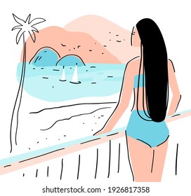 Summer vector romantic background. Flat hand drawn composition with boats, palm, beach, sunset and woman. Useful for poster, web design, banner, postcard