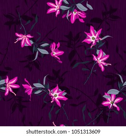Summer Vector seamless beautiful artistic fresh pink Blooming flowers pattern Dark botanic garden with texture. Line original stylish floral background print, bright colors on dark purple