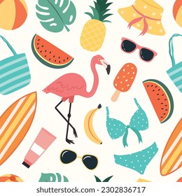 Summer vector seamless pattern with beach elements