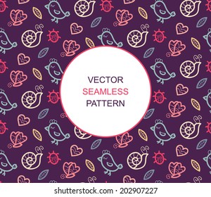 Summer vector seamless pattern with bird, ladybug, butterfly, snail, heart and leaf with place for text