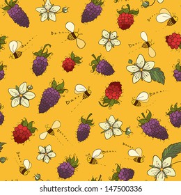 Summer vector seamless pattern with blackberry, bees and flower
