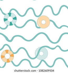 Summer vector seamless pattern. Blue waves and lifebuoys