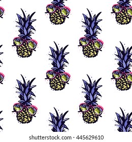 Summer vector seamless pattern with blue pineapple in sunglasses. Hand draw vector illustration.
