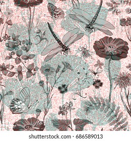 Summer vector seamless pattern. Botanical wallpaper. Plants, insects, flowers in vintage style. Butterflies, dragonflies, beetles and plants in the style of Provence