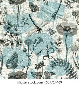 Summer vector seamless pattern. Botanical wallpaper. Plants, insects, flowers in vintage style. Butterflies, dragonflies, beetles and plants in the style of Provence